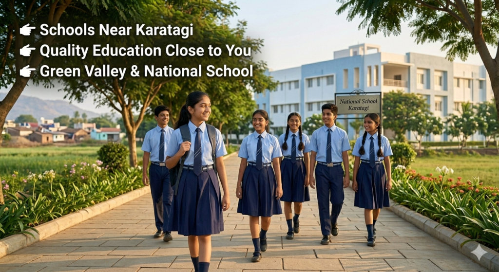 Students walking in school campus near Karatagi with quality education environment and greenery