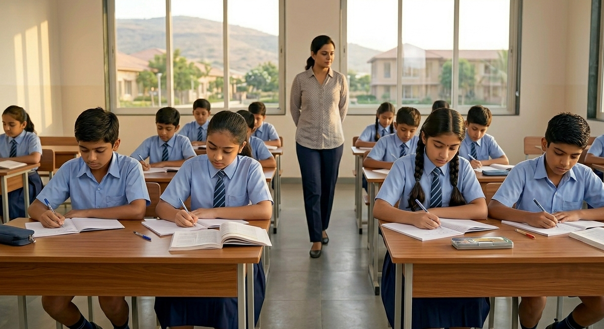 Students preparing for exams in classroom at Karatagi school with focused learning environment

