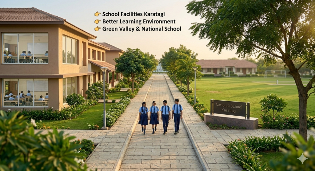 Modern school facilities in Karatagi with clean campus and students in organized environment