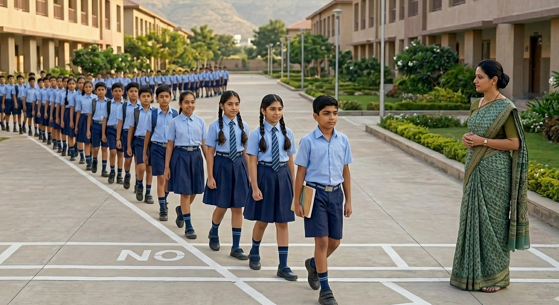 Students walking in orderly line in Karatagi school showing discipline and structured environment