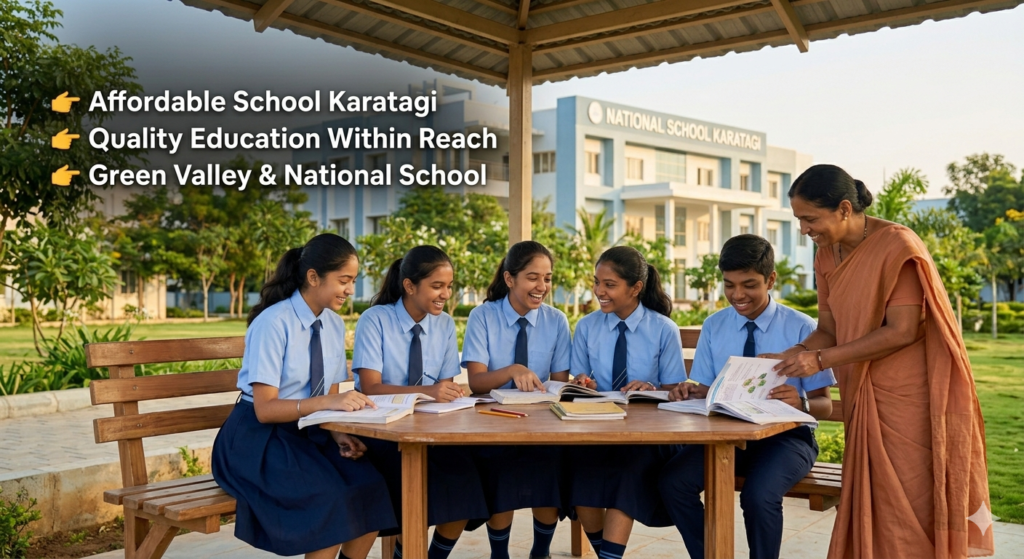 Affordable School Karatagi students learning together in outdoor classroom environment with teacher guidance