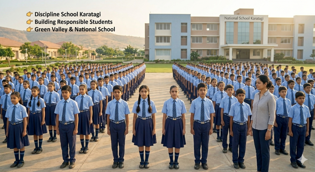Students standing in assembly lines at disciplined school in Karatagi showing organized environment