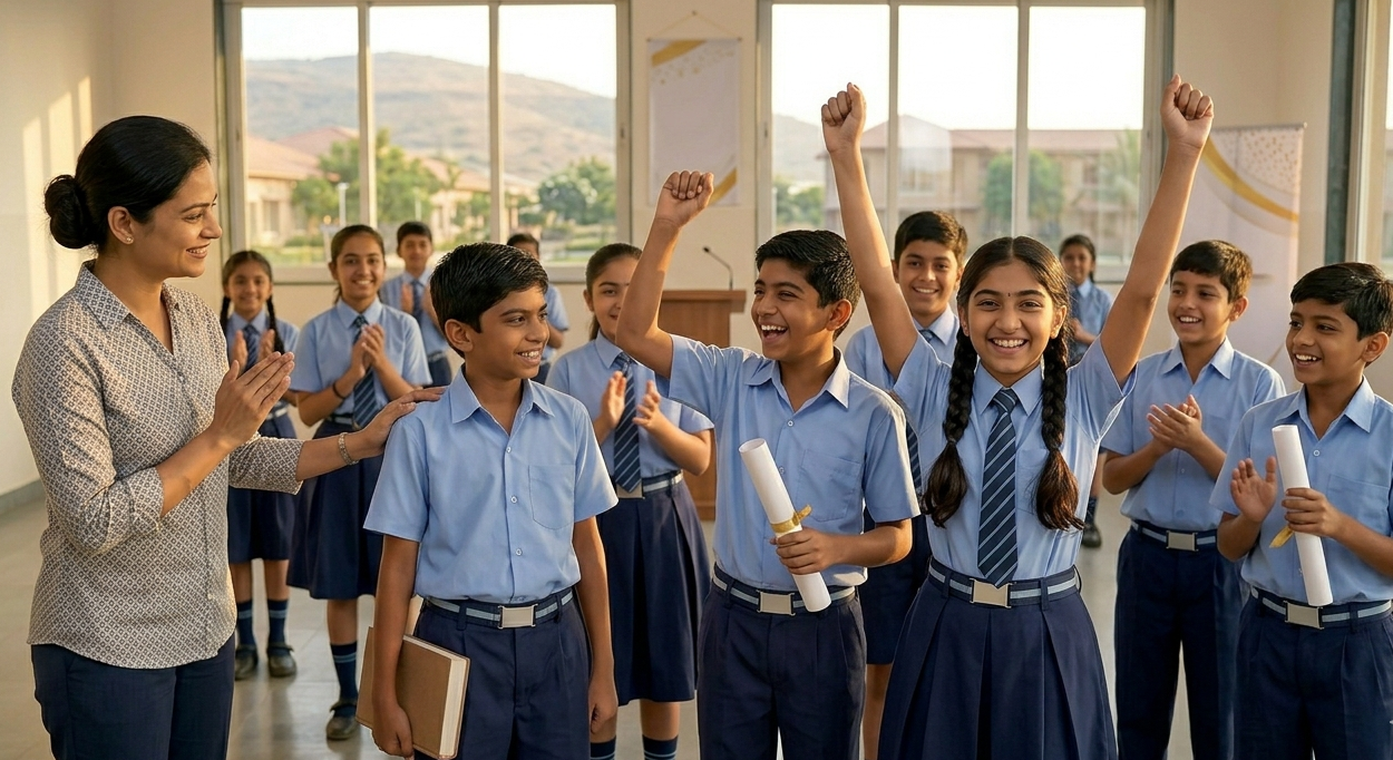 Students celebrating academic success in Karatagi school showing quality education karatagi
 outcomes