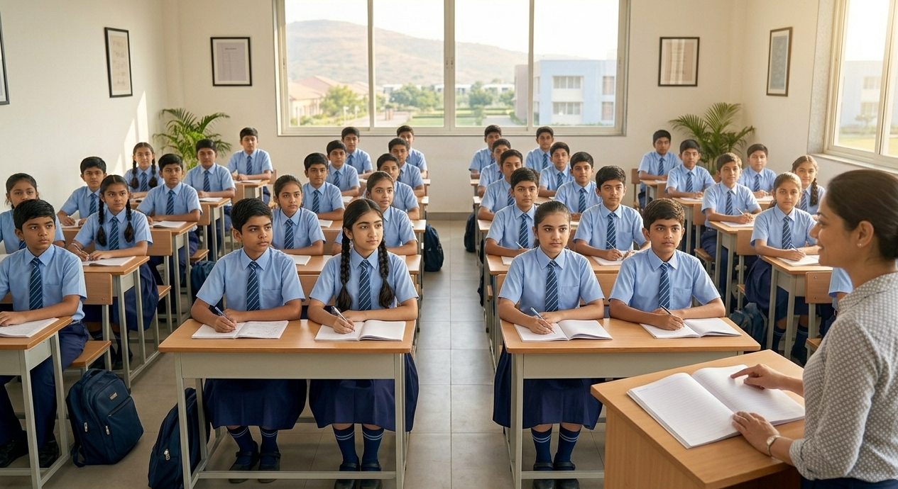 Students maintaining discipline in classroom at Karatagi school with focused learning environment
