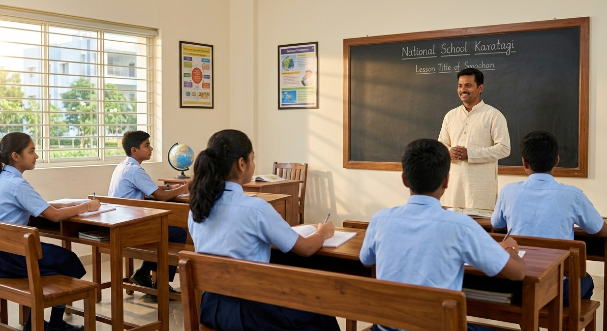 Students studying in classroom at affordable school in Karatagi with focused learning environment