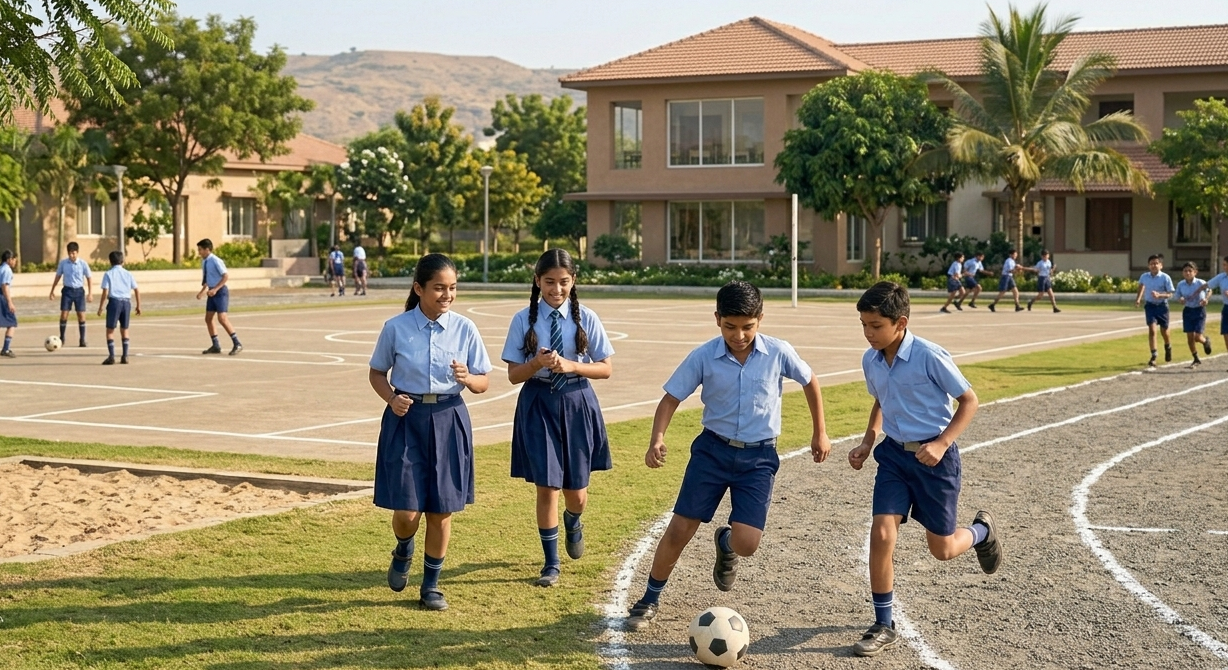Students using sports school facilities in Karatagi school playground for physical development