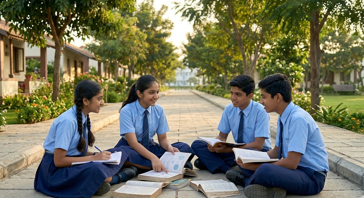 Students learning together at a school near Karatagi in a collaborative environment
