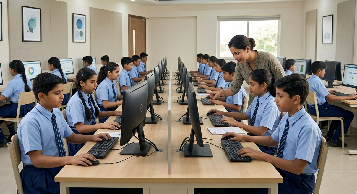 Students using computer lab facilities in Karatagi school for digital learning