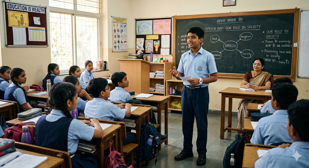 Student speaking confidently in classroom at Karatagi school showing communication skill development