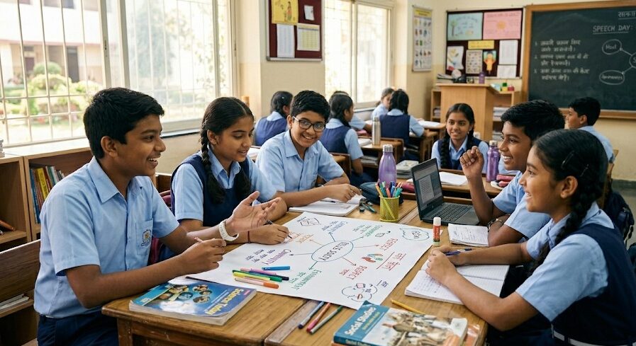 Students working together on group project in Karatagi school showing teamwork and development student development karatagi