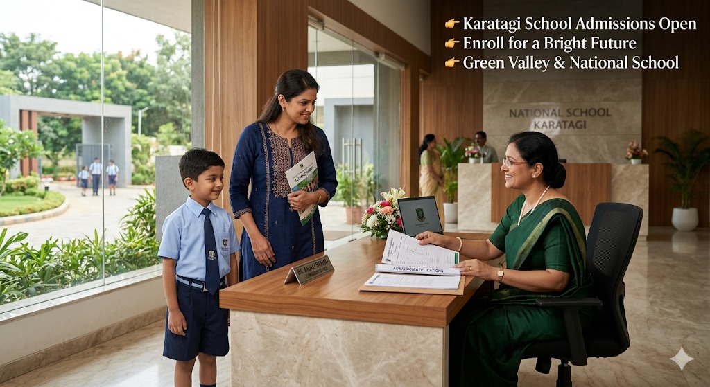 Karatagi school admissions open with parent and child meeting school staff in a welcoming school environment